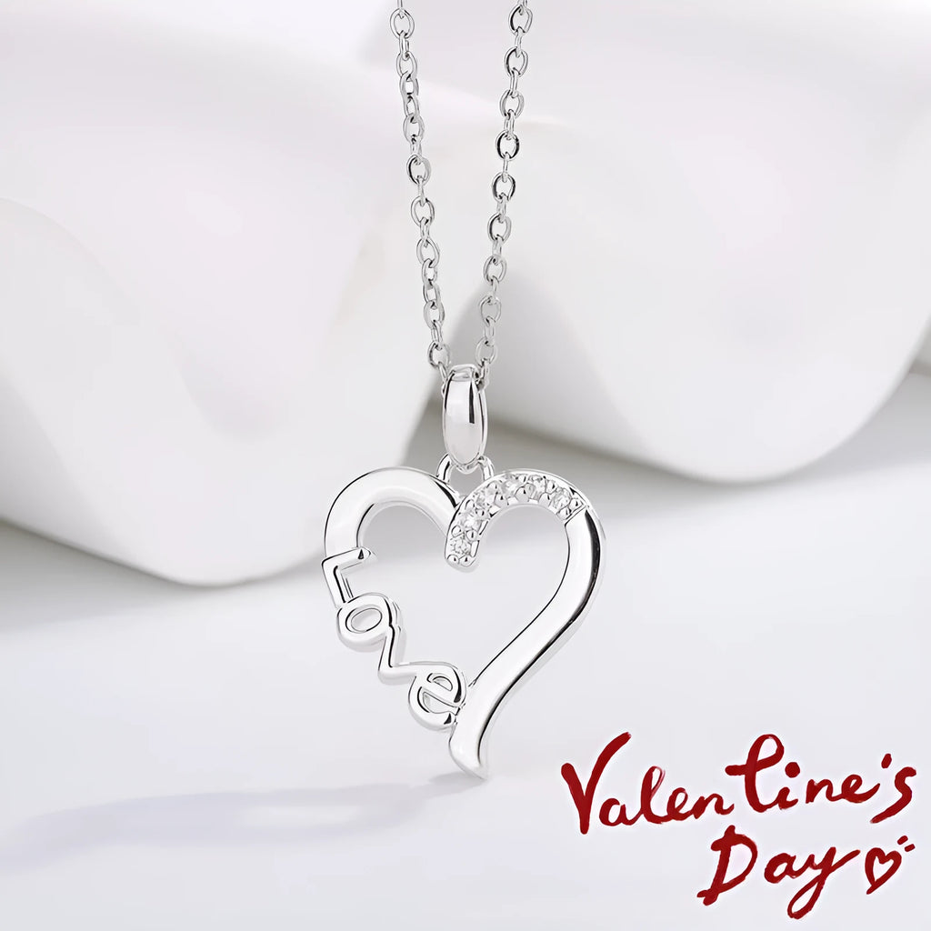 Creative heart design LOVE titanium steel necklace pendant in white gold colour on cross chain