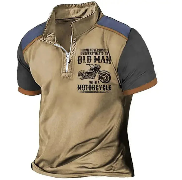 Men's casual lapel collar polo shirt with a digital letter print and short sleeves.