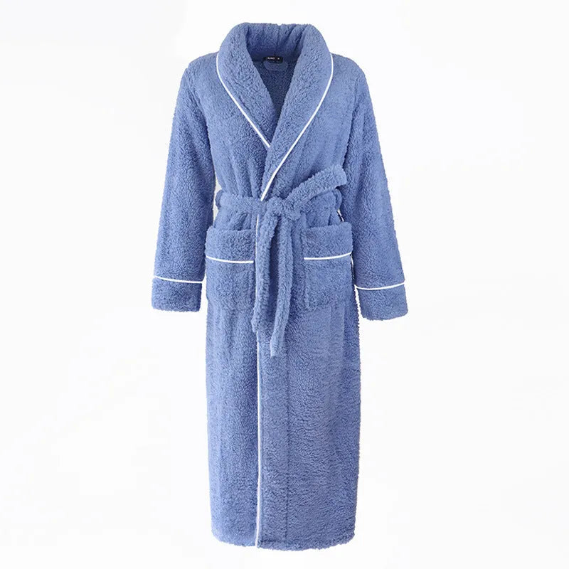 Long, thick grey flannel bathrobe with tie belt, worn as a winter nightgown.