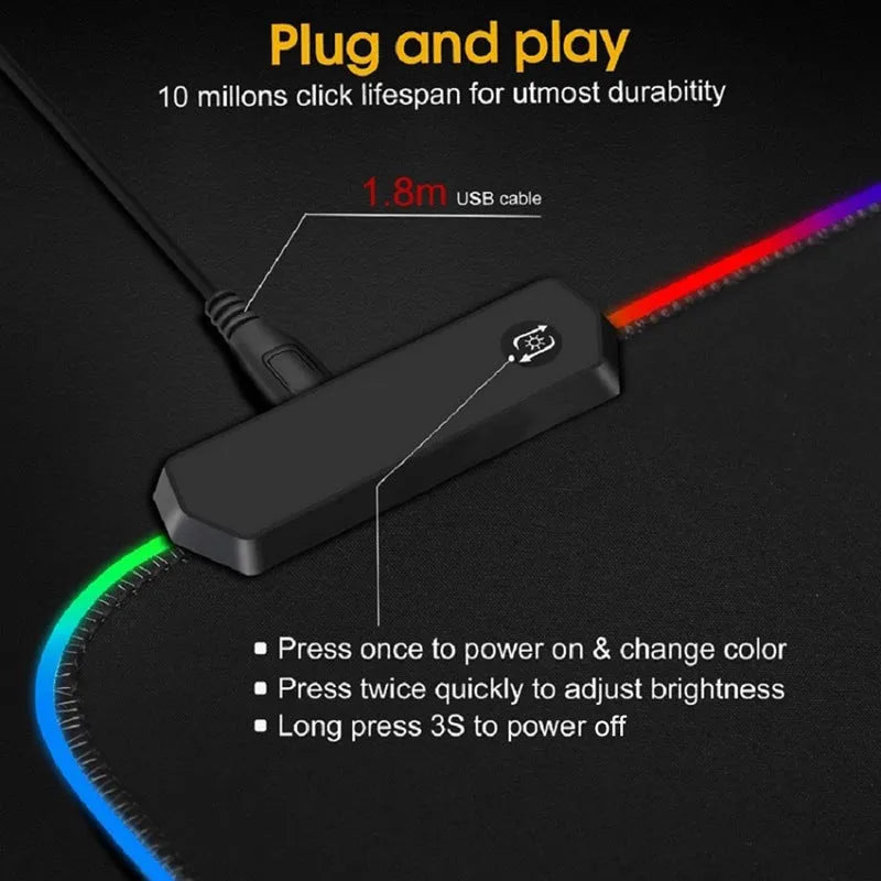RGB gaming mouse pad in solid colour with non-slip rubber fabric base, sizes 250x300mm to 400x900mm, 3mm or 4mm thick