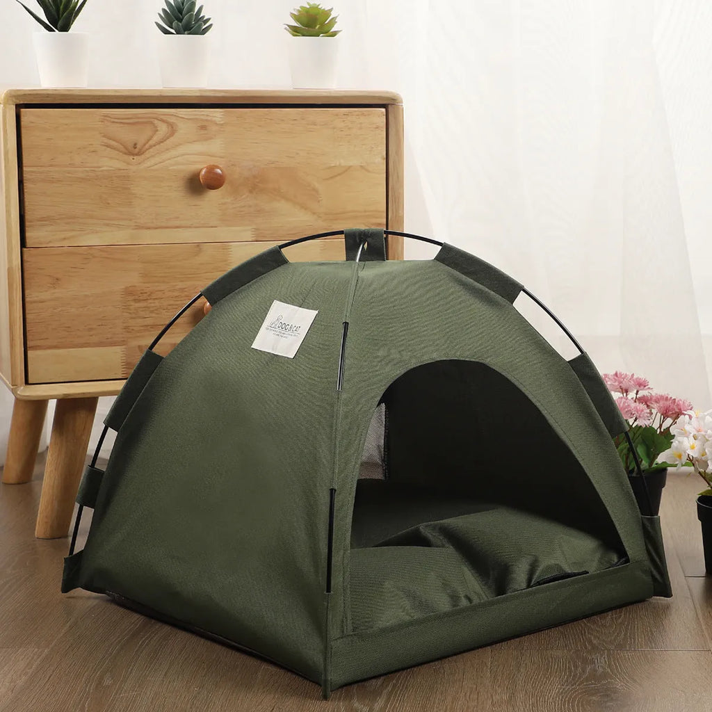 Cat tent dog bed with cushion, cooling mat, portable pet sofa in military green and turquoise gray