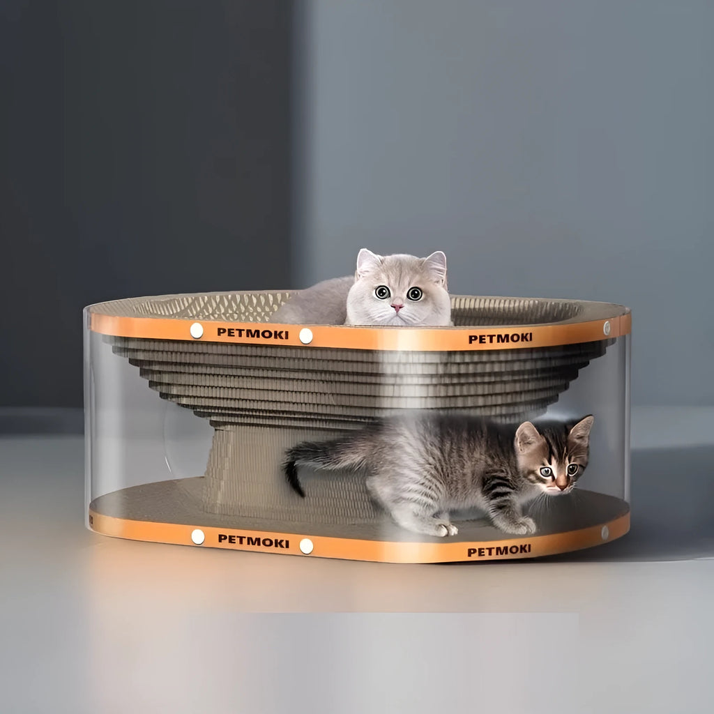 White transparent PVC tunnel cat scratch board nest with corrugated cardboard panels, dimensions 58x45x23cm