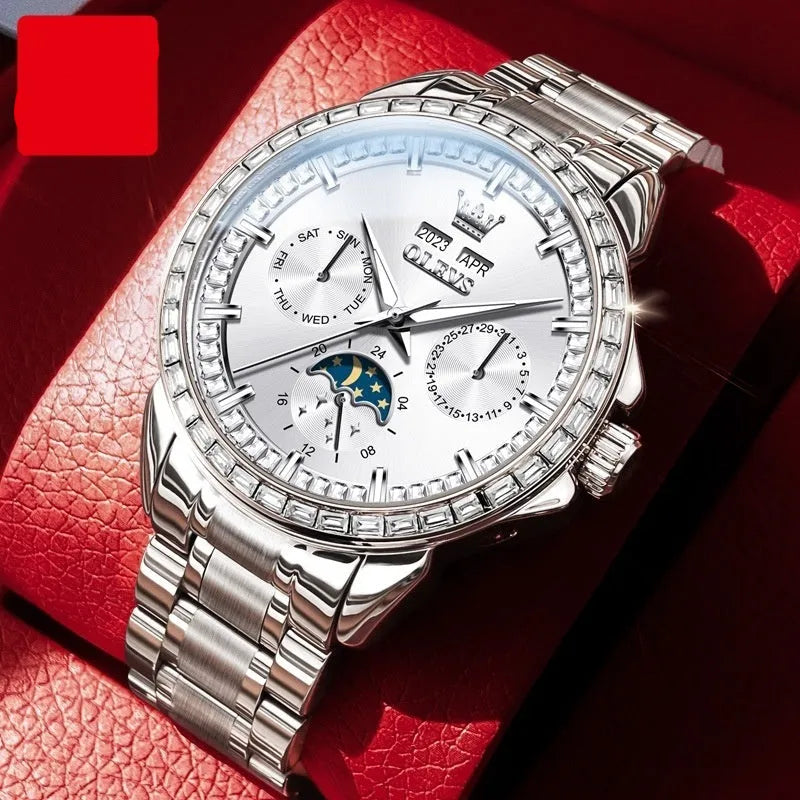 Men's automatic mechanical watch with diamond dial on a stainless steel bracelet, showing the transparent case back.