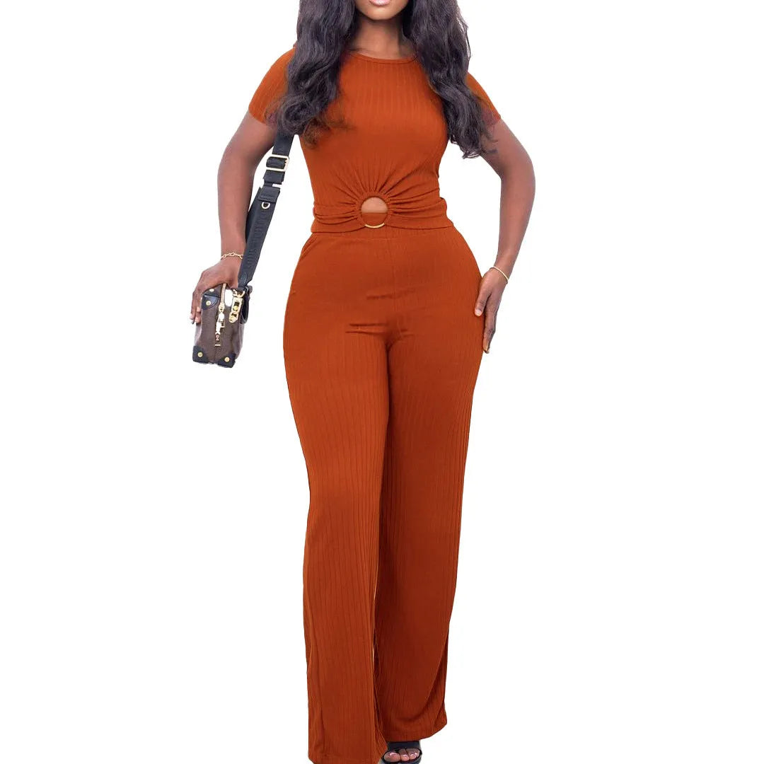 Women's solid colour polyester casual suit with three-quarter sleeve top and trousers, black colour option