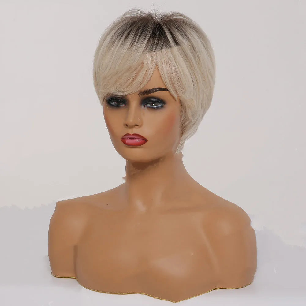 Short straight ombre blonde synthetic wig with bangs, 8 inch brown gradient gold, matte high temperature fibre, Rosenet cap