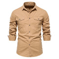 Men's cotton solid colour long sleeve casual shirt in khaki, front view