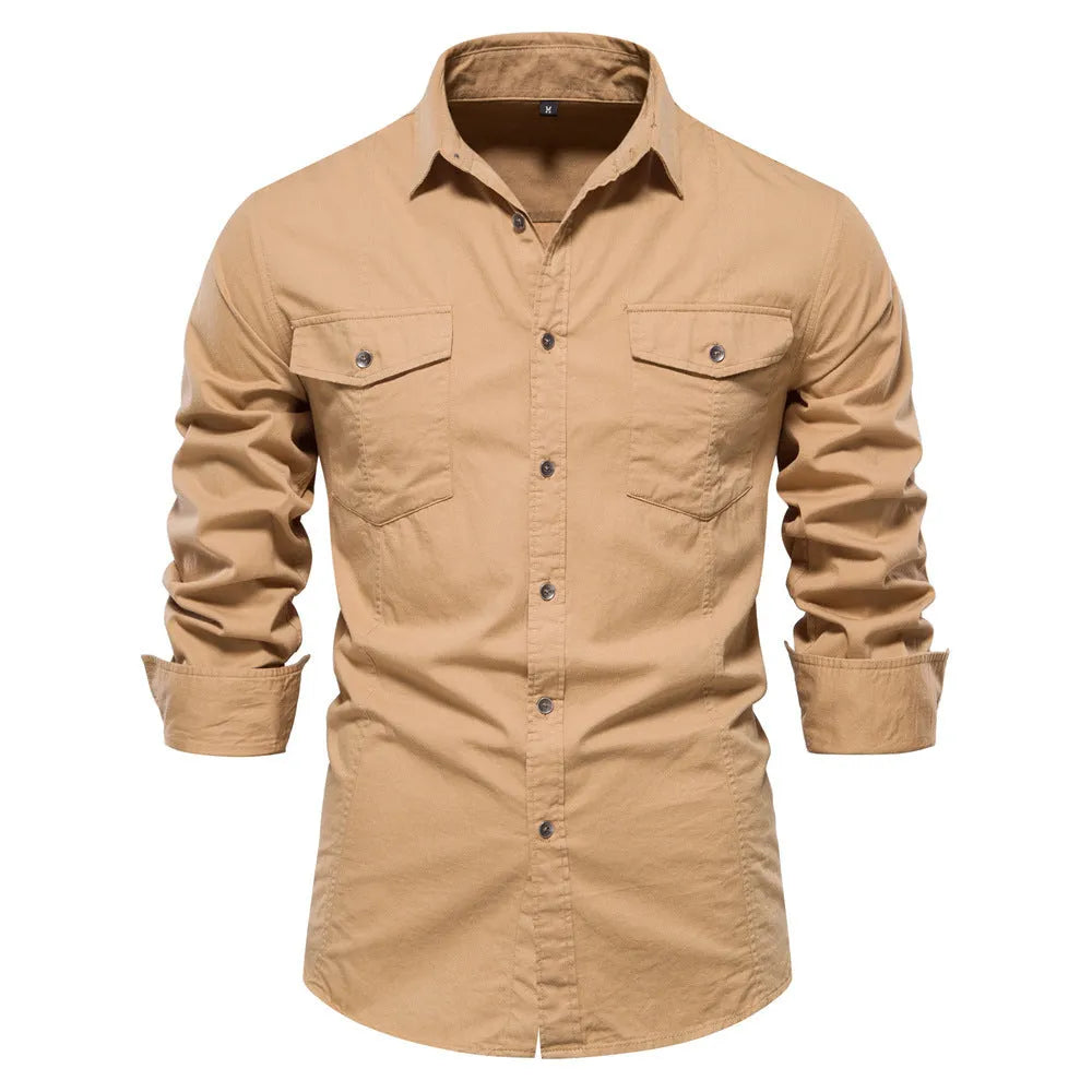 Men's cotton solid colour long sleeve casual shirt in khaki, front view