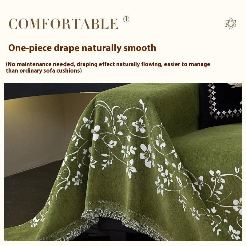 Embroidered magnolia chenille sofa cover in Garland-Black, 180x130cm, with soft texture and floral pattern.