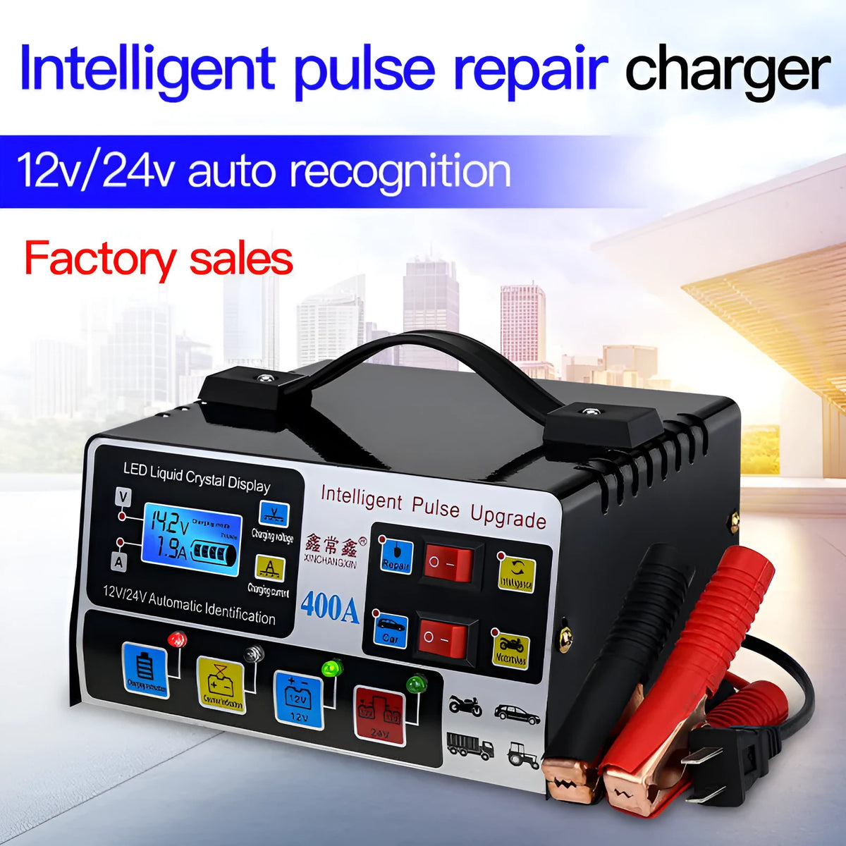 Liuxian 400A fully automatic truck battery charger, 12V/24V, 400W, black, EU plug