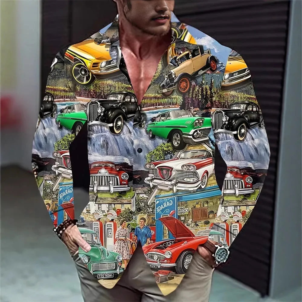 Hawaiian style men's long sleeve shirt with flower pattern in loose cardigan cut