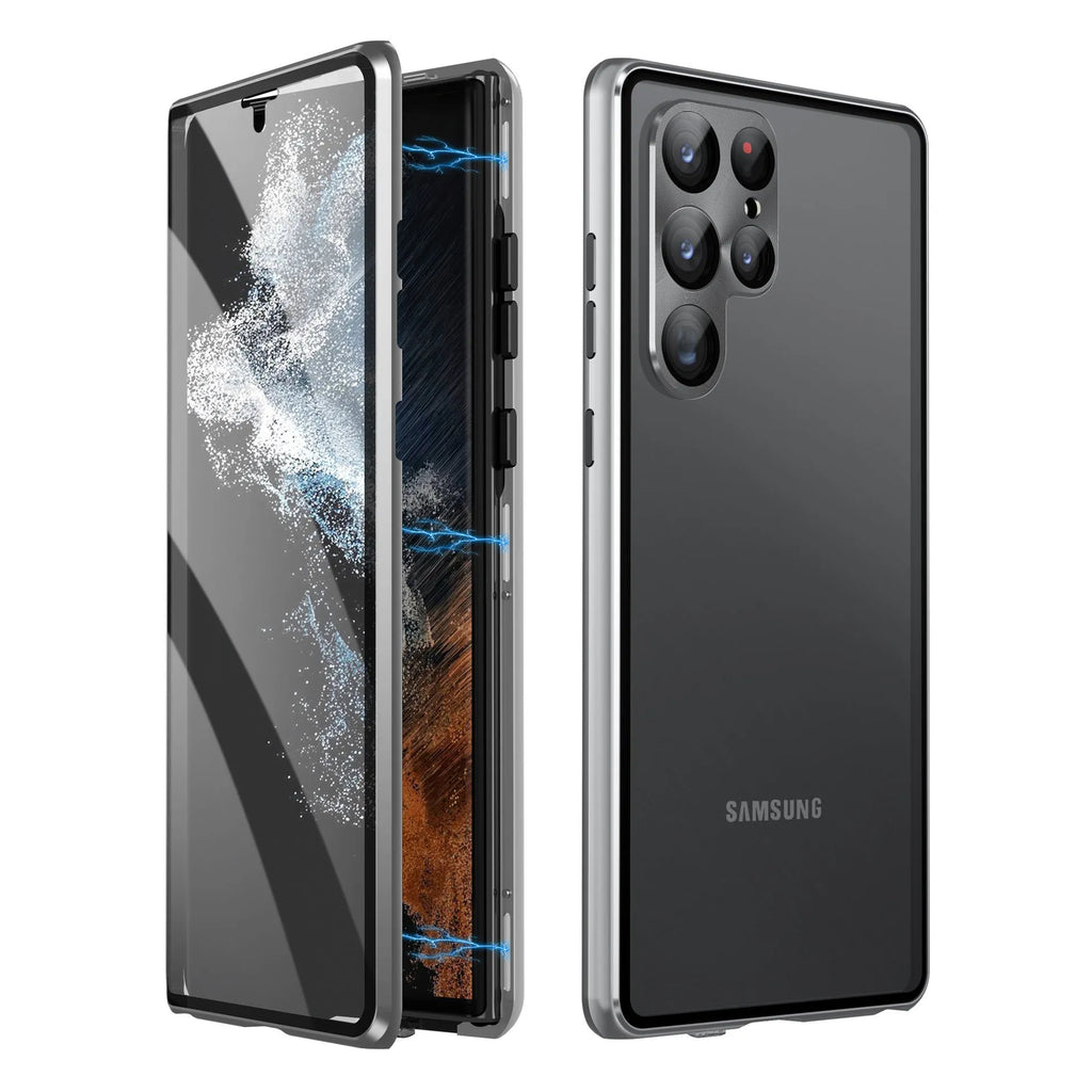 Metal magnetic phone case with mirror for Samsung Galaxy S24 Ultra in black colour.