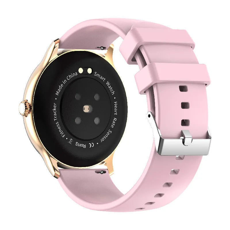 Smart watch with blood pressure monitoring on a silicone strap, showing a black watch face.