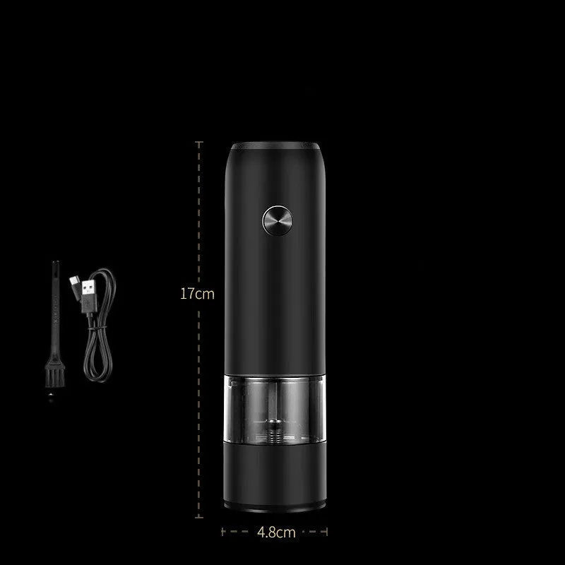 Rechargeable electric pepper and salt grinder in black, white, or silver with clear acrylic body and ceramic mechanism.