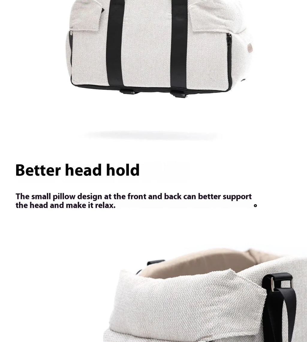 Beige white dual-use pet car nest and diaper bag with removable pillow for small dogs and cats.