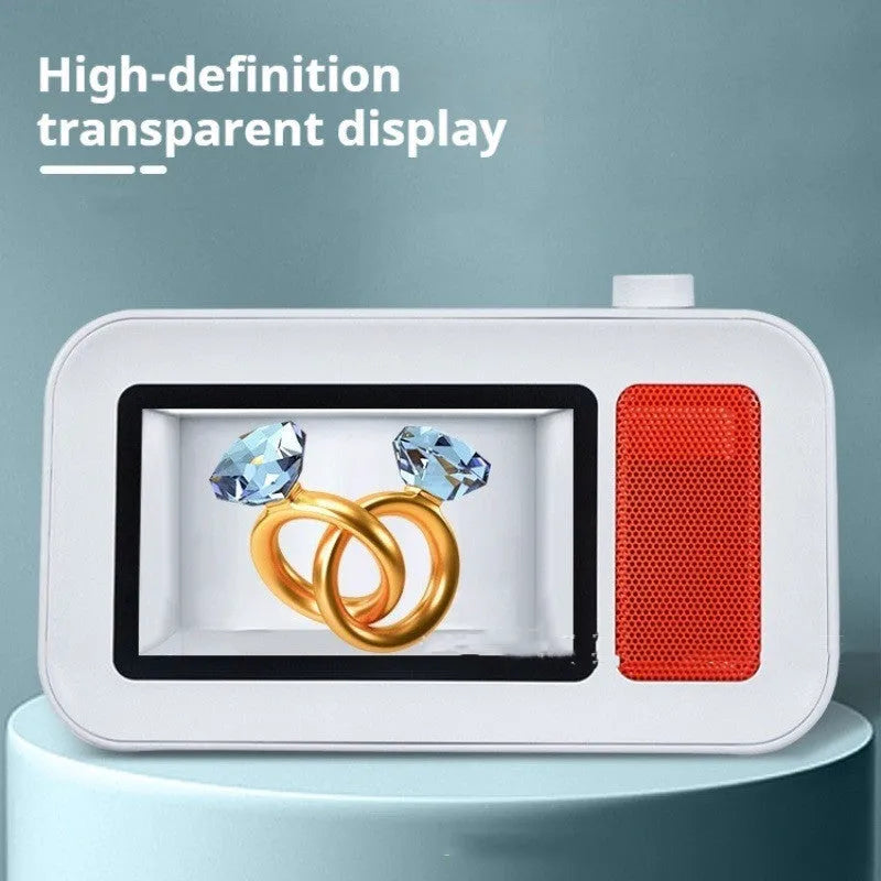 White holographic lyric bluetooth speaker with 5.1 channel sound on a desk