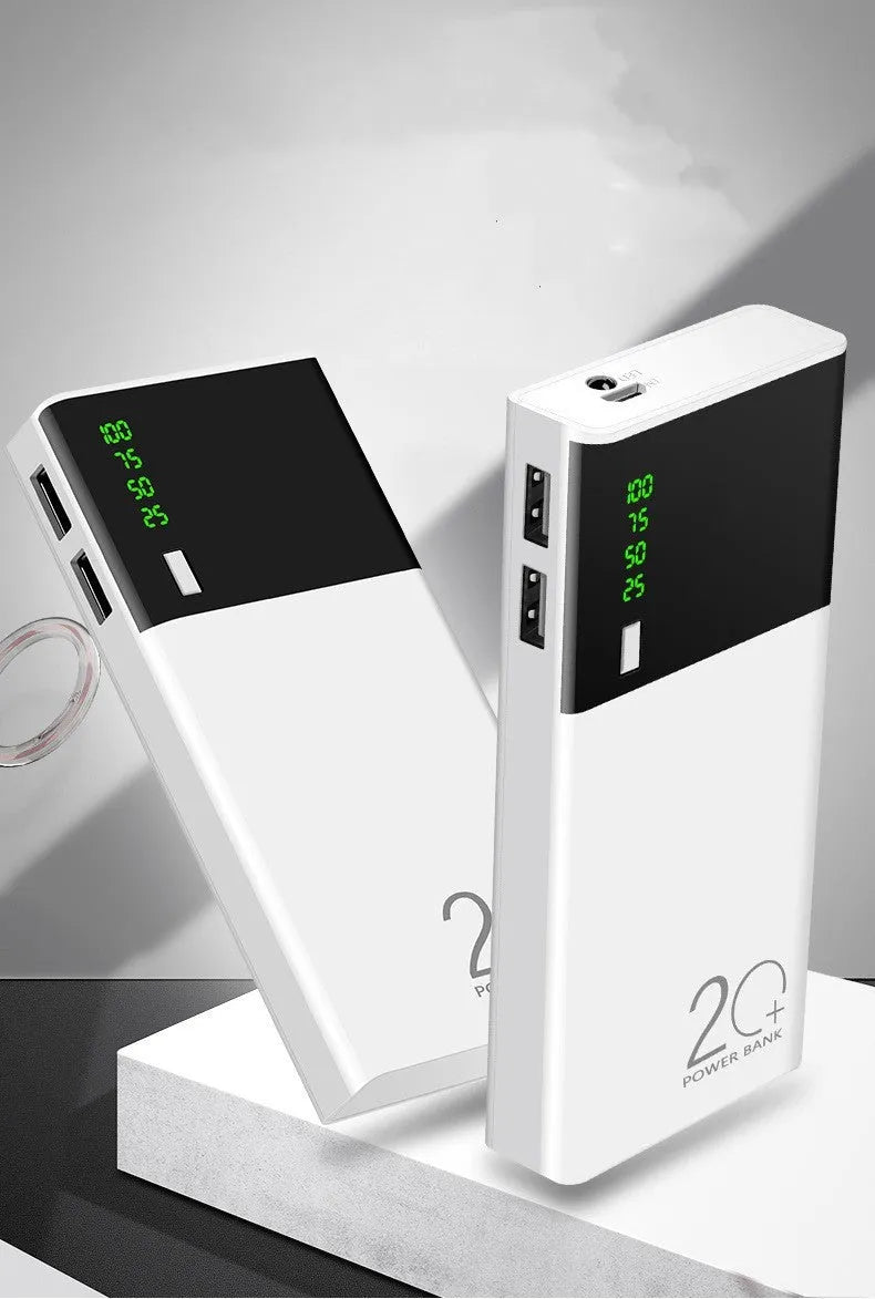 White large capacity mobile power bank with digital display and two USB ports on a clean background