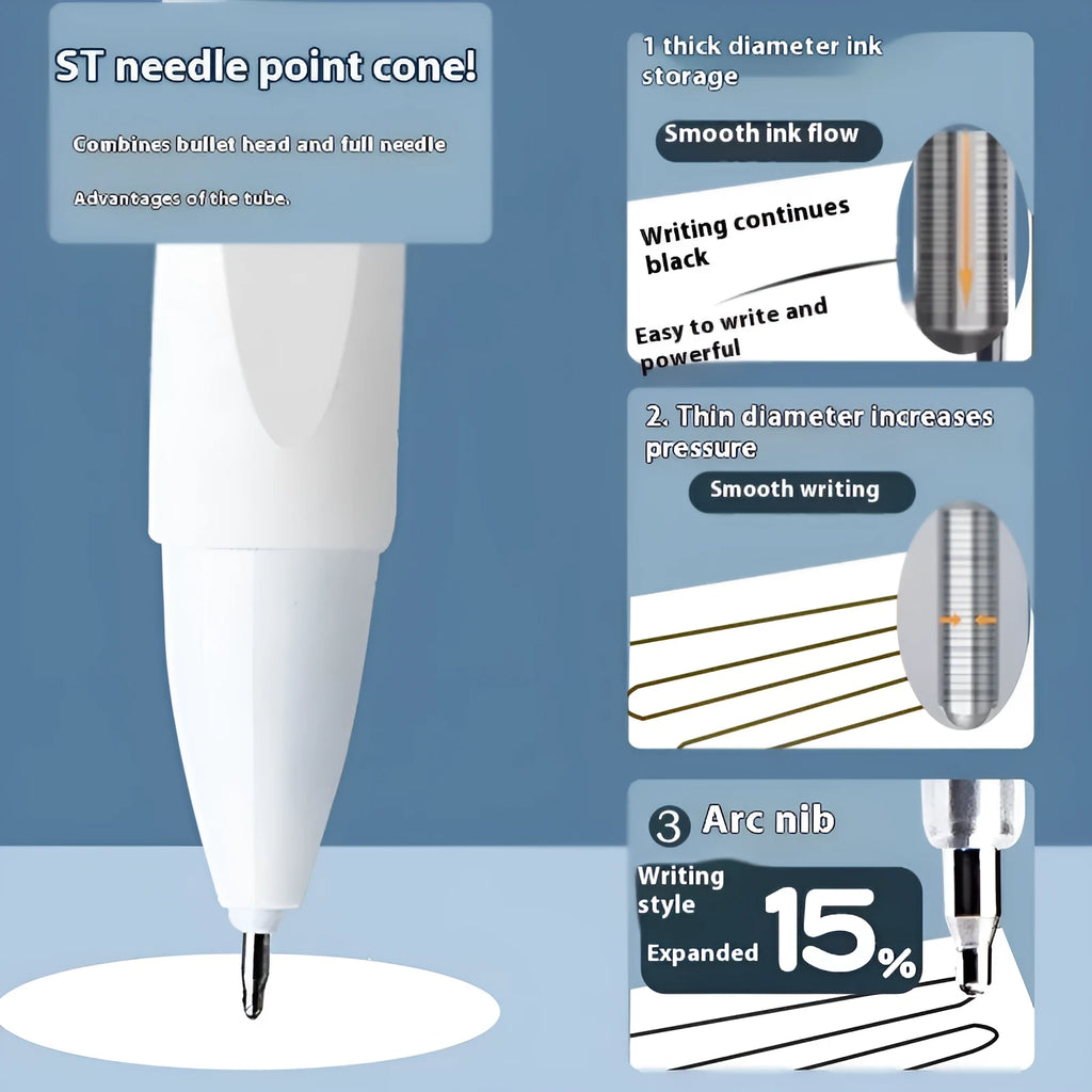 A pack of ten quick-drying 500-metre pen refill cartridges in black, blue, red, and ink blue colours.