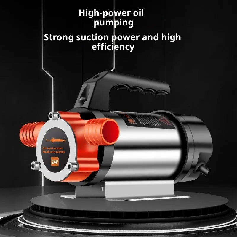 24V DC dual-use oil water pump with stainless steel body on white background