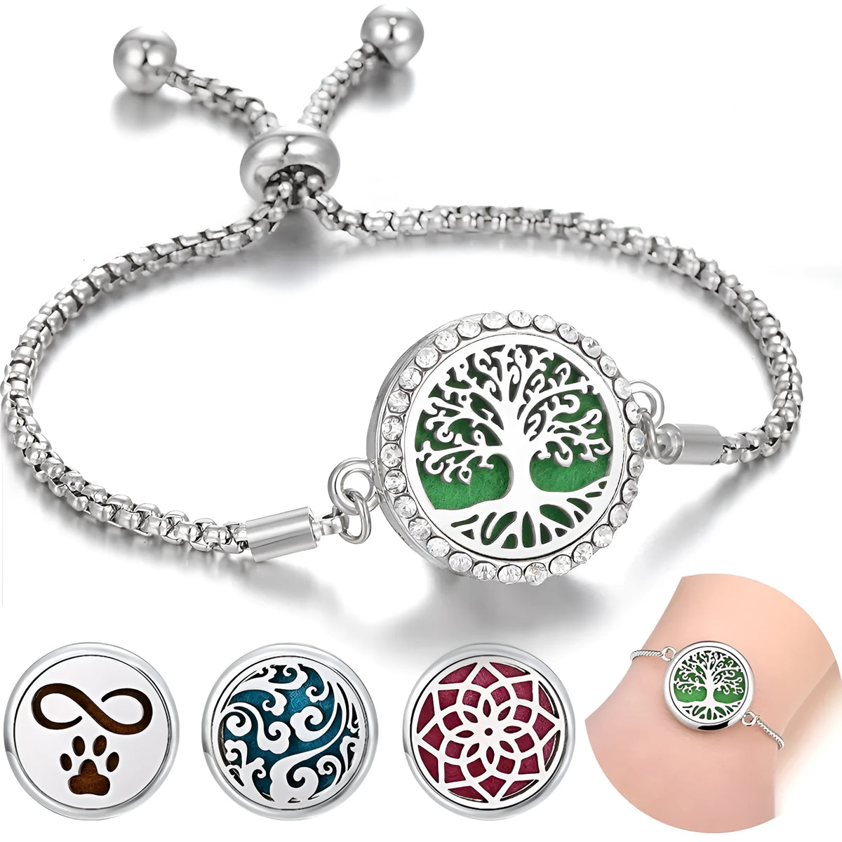 Hollow stainless steel aromatherapy bracelet with electroplated alloy finish, adjustable 24cm length and cotton pad
