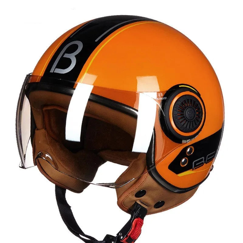 Retro battery car half helmet in ABS plastic showing colour options including bright blue red and matte black orange