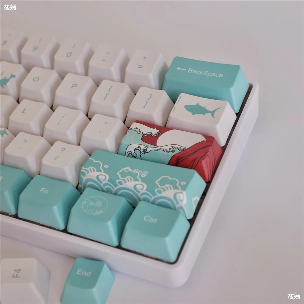 Coral Sea themed PBT dye-sublimation keycap set for mechanical keyboards, includes large custom keys.