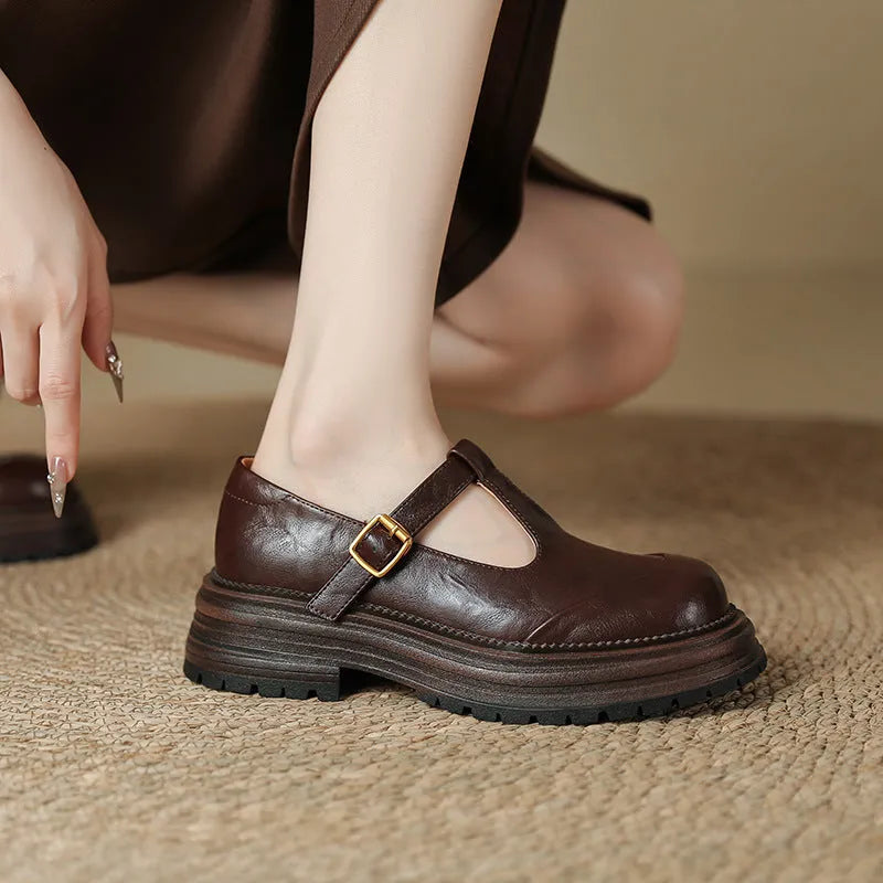 Vintage Mary Jane T-strap pumps for women, round toe, mid heel, buckle closure, black microfiber