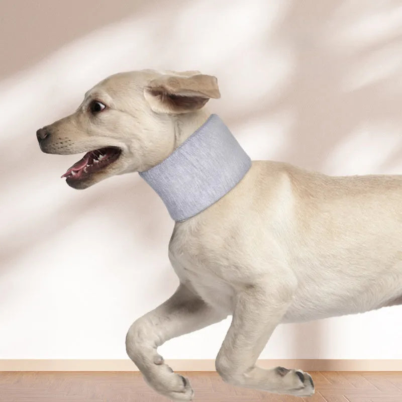 Grey and pink soft fabric recovery cone collars for cats and dogs in four different sizes.