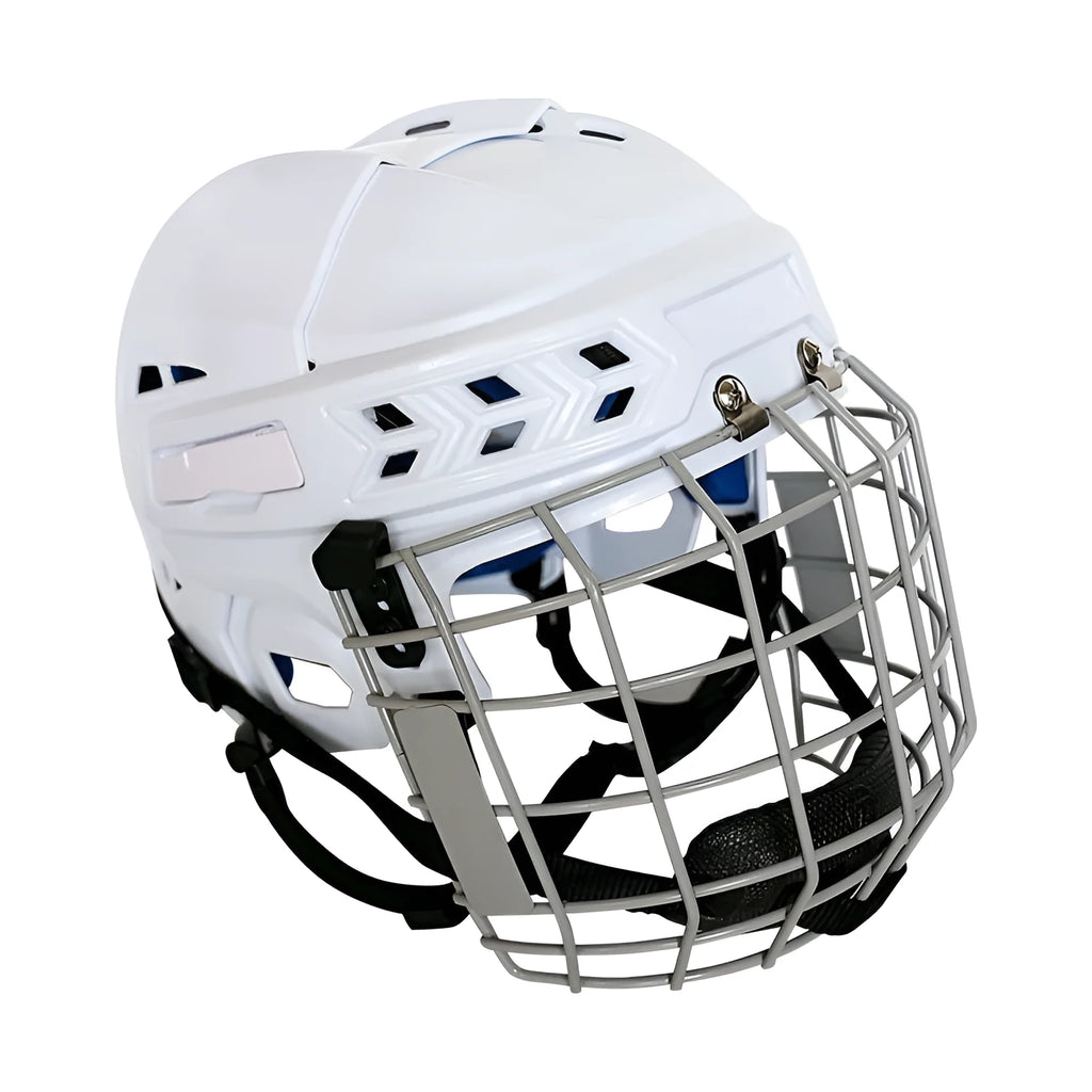 Ice hockey helmet with carbon steel face mask and impact-resistant polypropylene shell in four sizes
