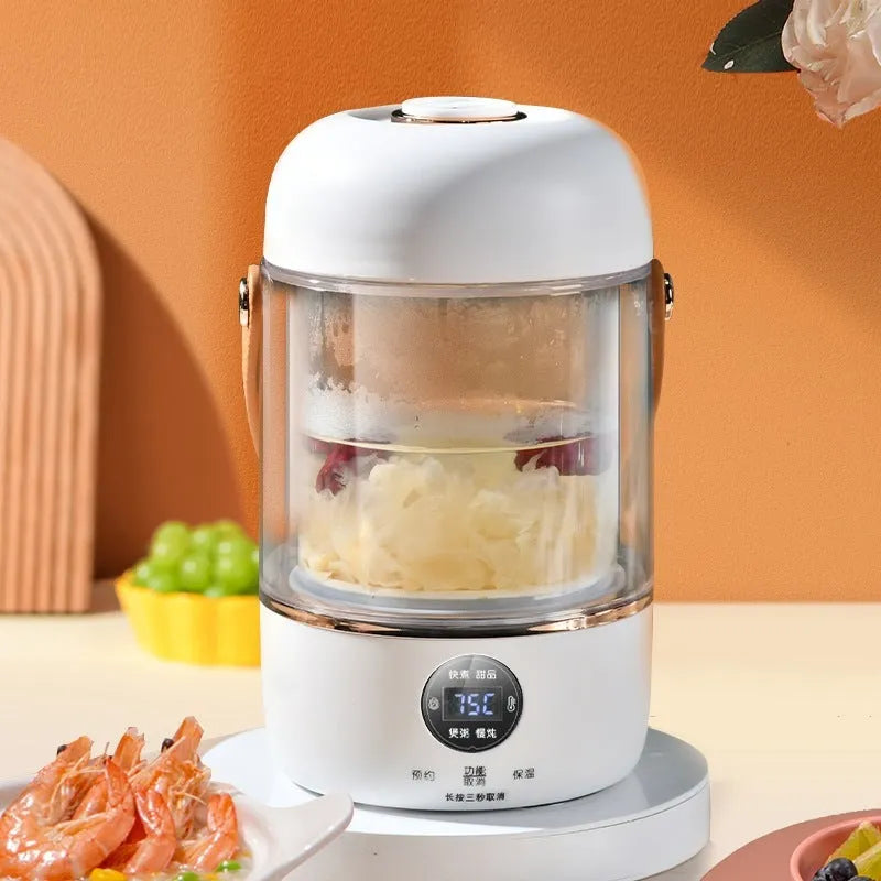 Personal portable electric stew cooker with glass liner in transparent or invisible version, capacity under 1 litre.