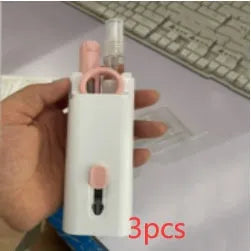 White electronic cleaning kit with cleaning pen, brush, keycap puller and spray bottle for laptops and earbuds