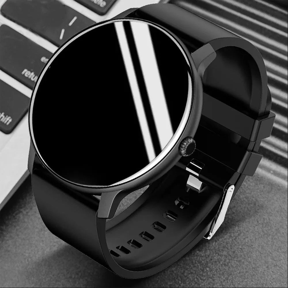Smart watch with blood pressure monitoring on a silicone strap, showing a black watch face.