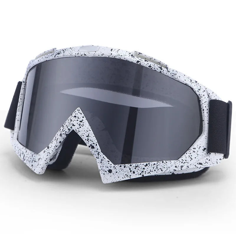 Motorcycle CrossCountry goggles with pure TPU full rim frame, windproof design, and frame colour swatches