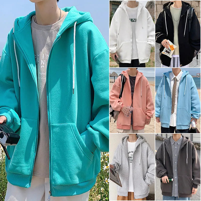 Men's casual hooded zipper jacket in polyester, side seam pockets, available in multiple colours