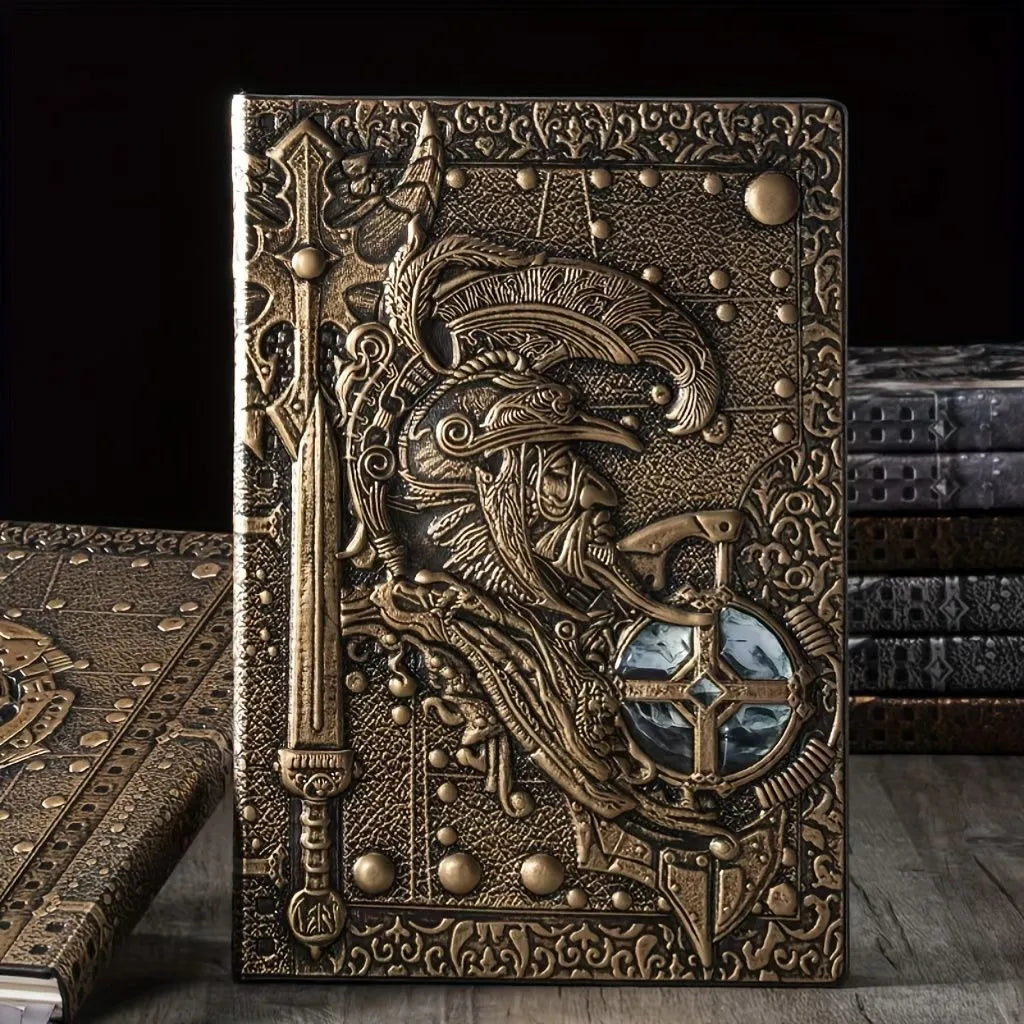 Handmade leather A5 notebook with 3D embossed warriors relief on the cover, showing bronze colour option.