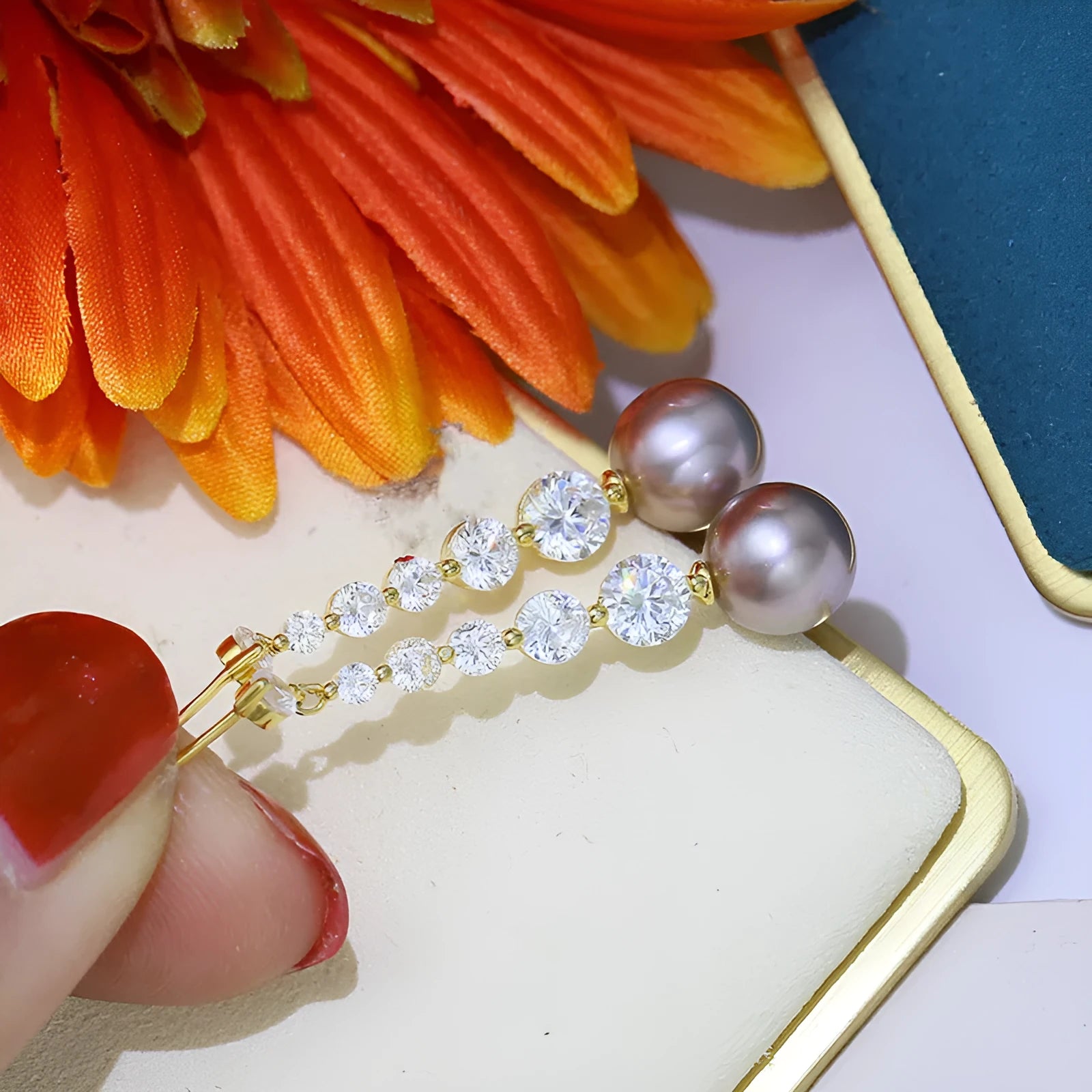 Gold copper long drop earrings with round drilled pearl geometric design for women