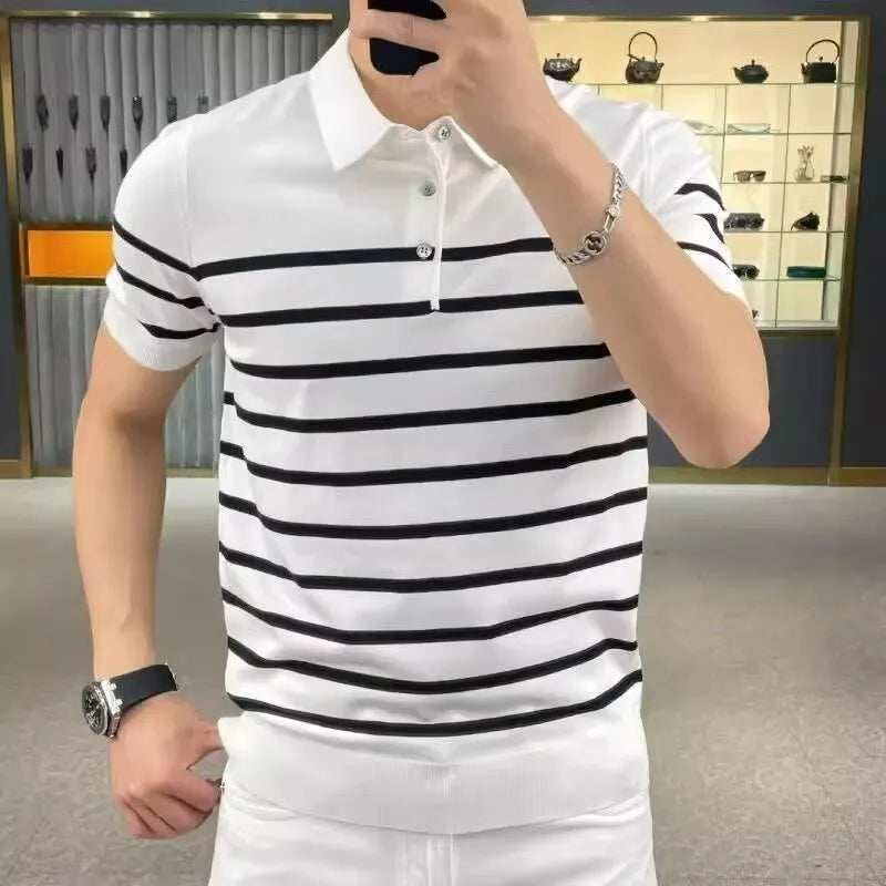 Man wearing a black and white striped knit t-shirt with a lapel collar, casual pullover style.