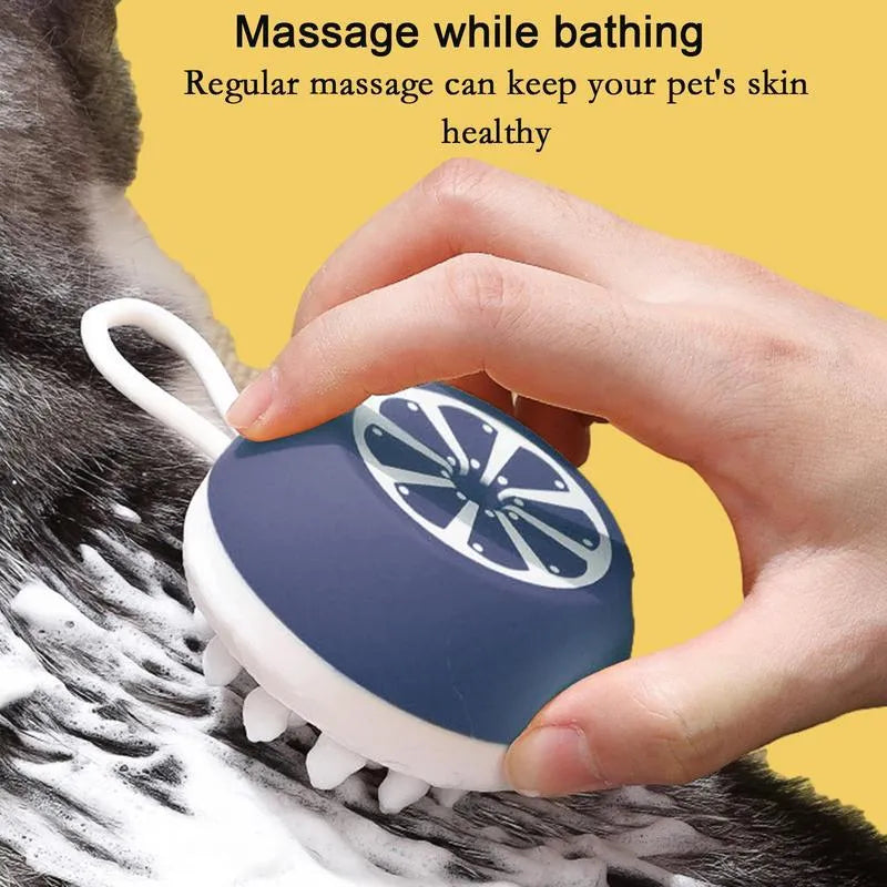 Blue 3-in-1 dog shampoo brush with rounded massage points for washing and grooming