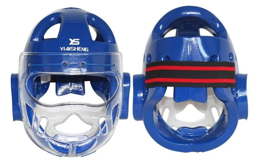 White, blue, and red karate helmet for boxing head protection, shown in S, M, L, XL sizes.