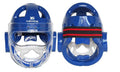 White, blue, and red karate helmet for boxing head protection, shown in S, M, L, XL sizes.
