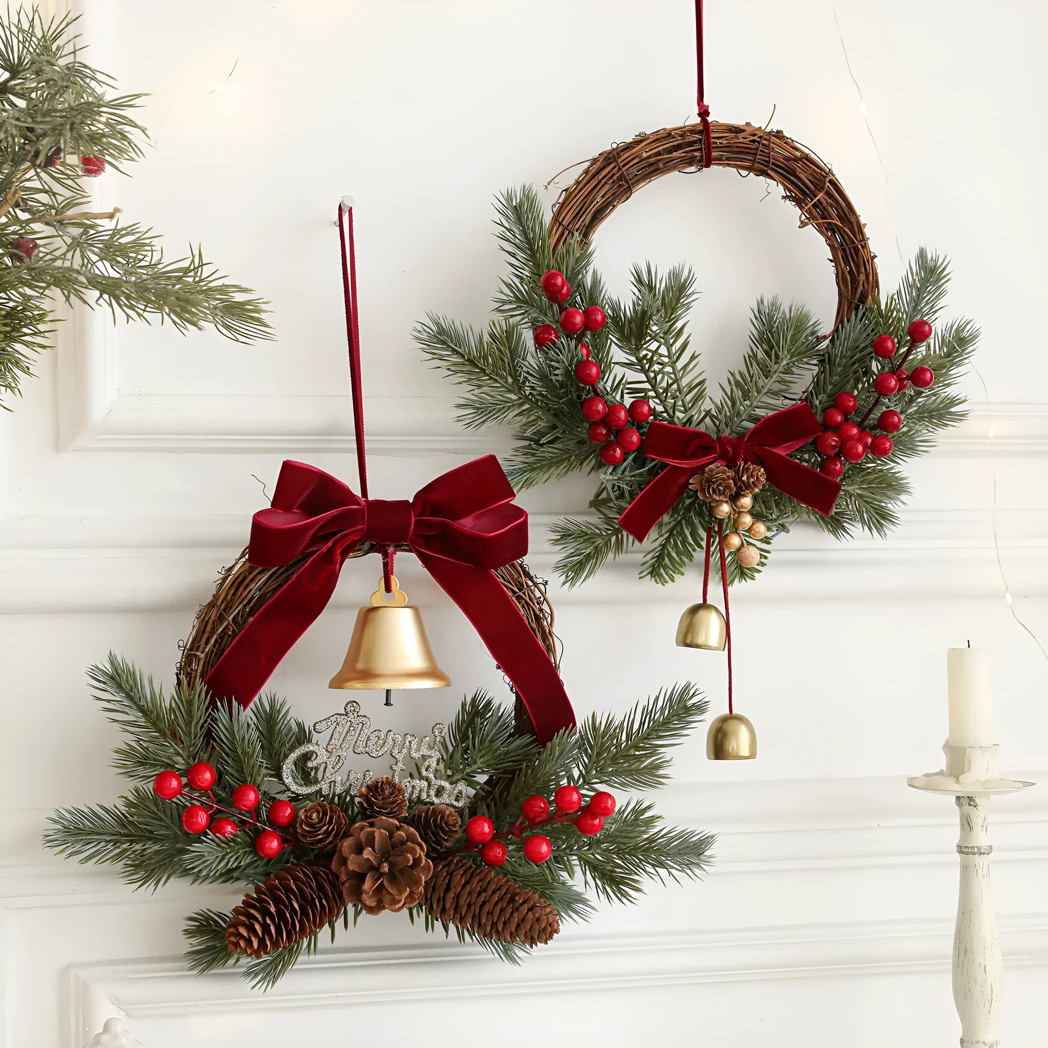 New Christmas rattan plaited garland with bell, bow, and Stranvaesia davidiana berries in light luxury style on a dark background