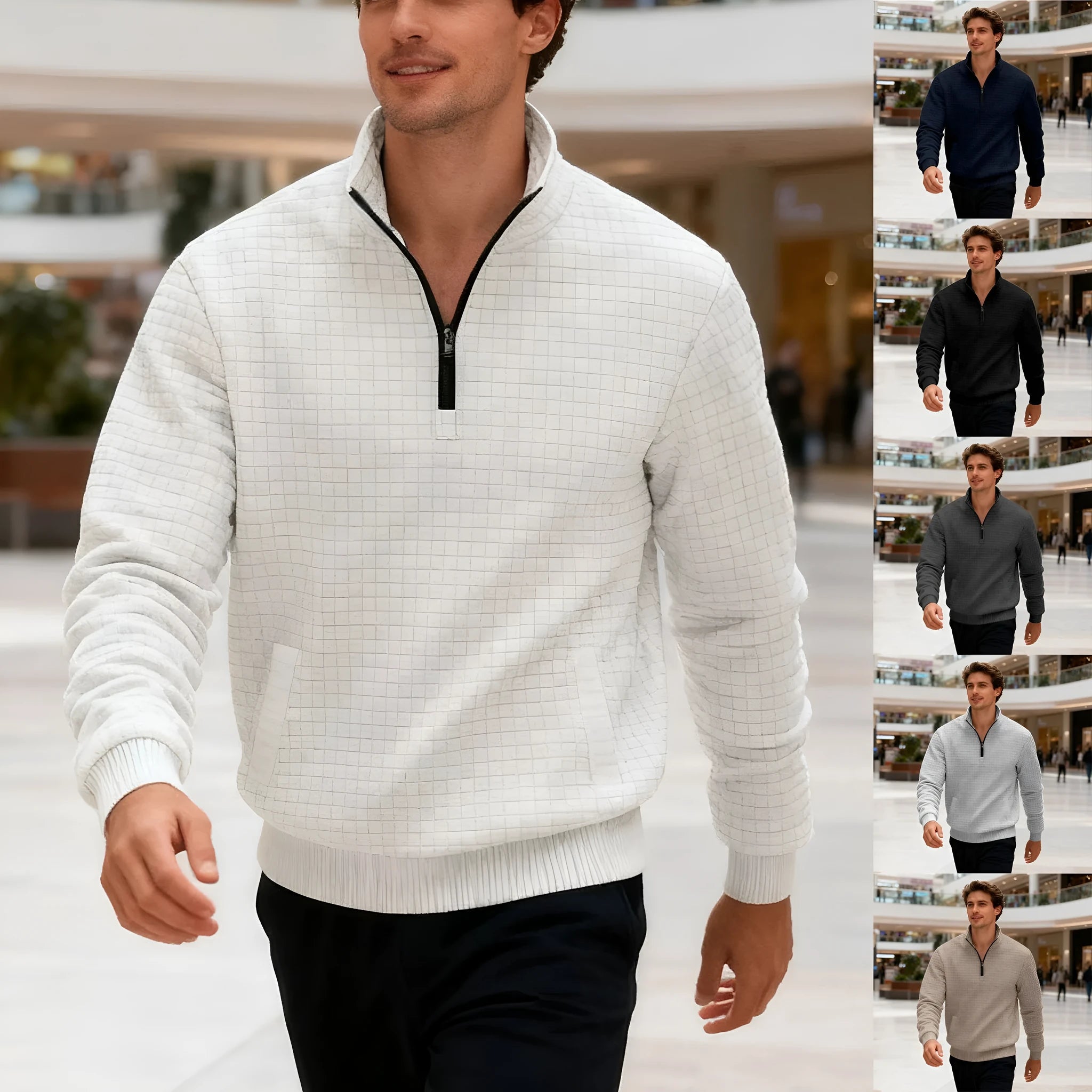 Men's stand-up collar long sleeve jacquard small check sweatshirt in light gray side view