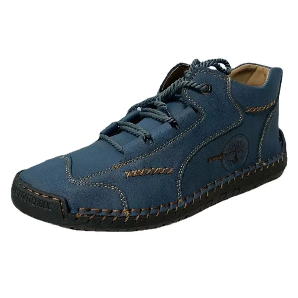 Men's leather high-top boots in army green colour with round toe and front lace-up design
