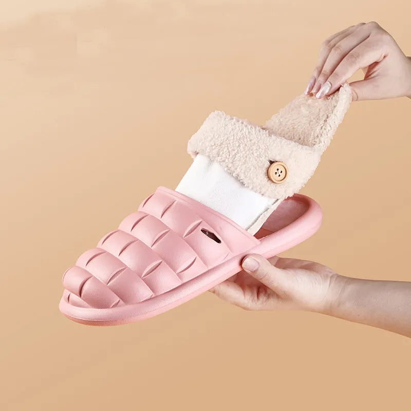 Plaid pattern detachable EVA slippers with plush lining and a textured nonslip sole.