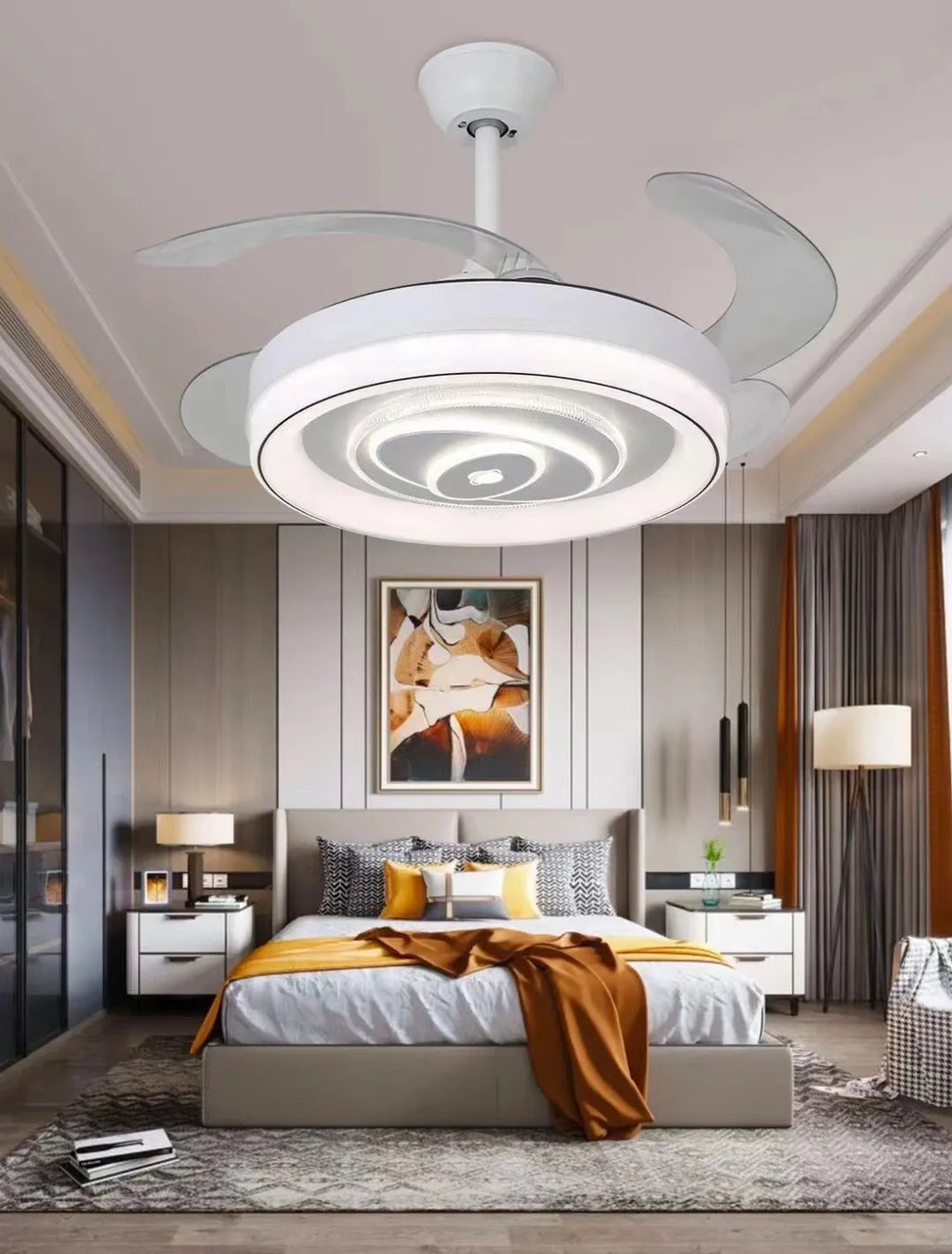 Nordic style ceiling fan light with invisible blades in modern household setting