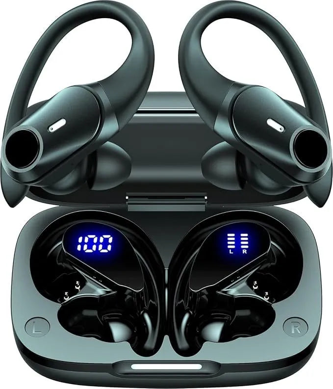 Black sporty wireless Bluetooth headphones with silicone ear hook and digital battery display