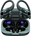 Black sporty wireless Bluetooth headphones with silicone ear hook and digital battery display