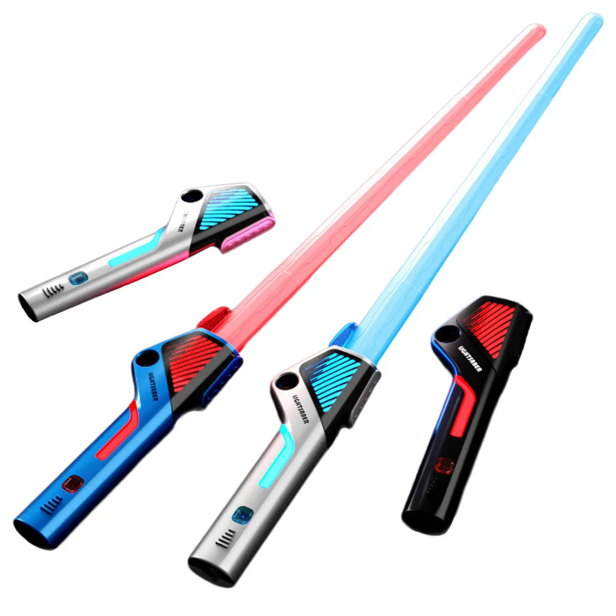 Children's plastic retractable laser sword in silver with 12-colour gravity-sensing light effects