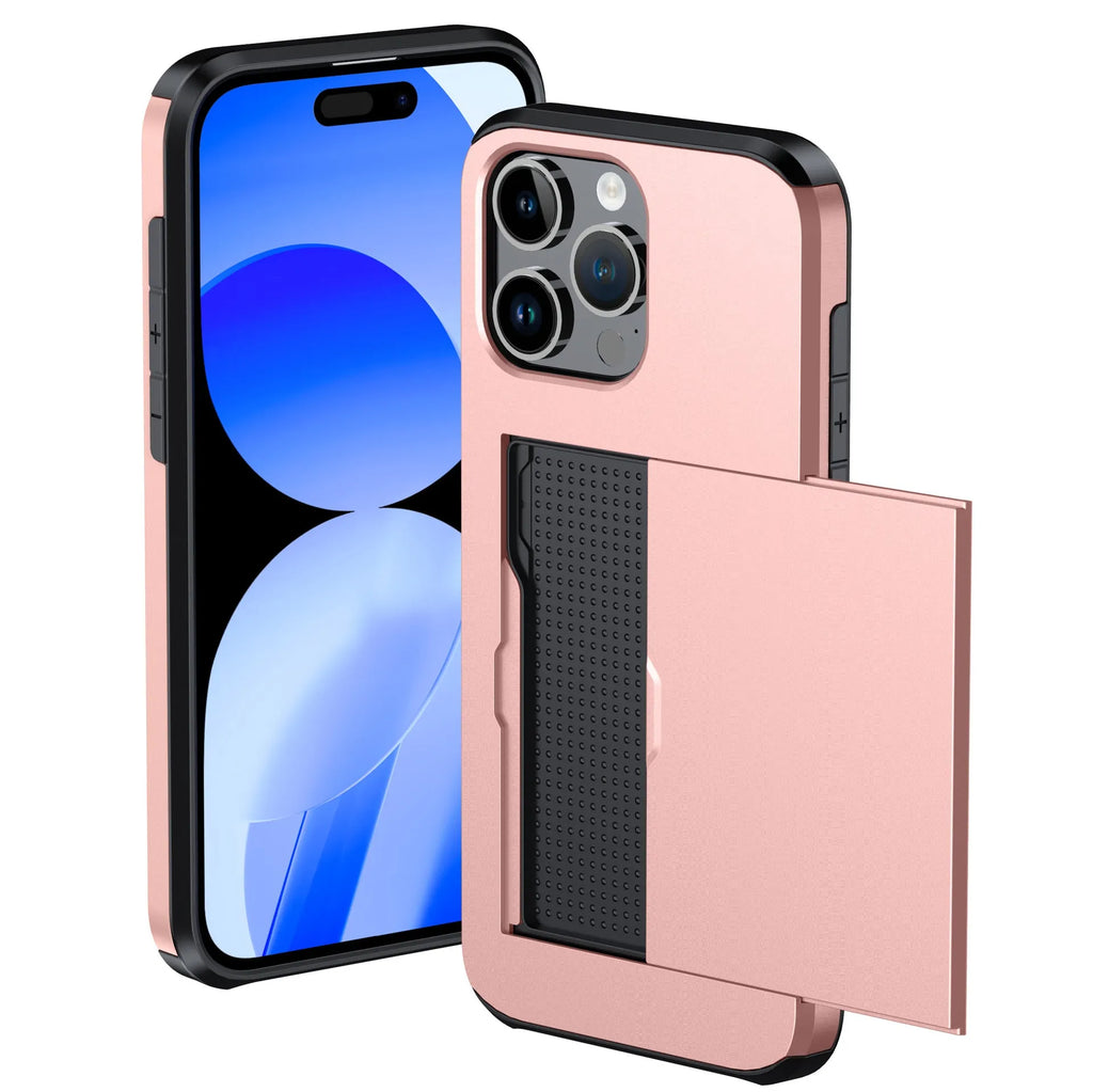 iPhone 15 Pro Max phone case with slide card slot, frosted TPU PC anti-fall cover in black
