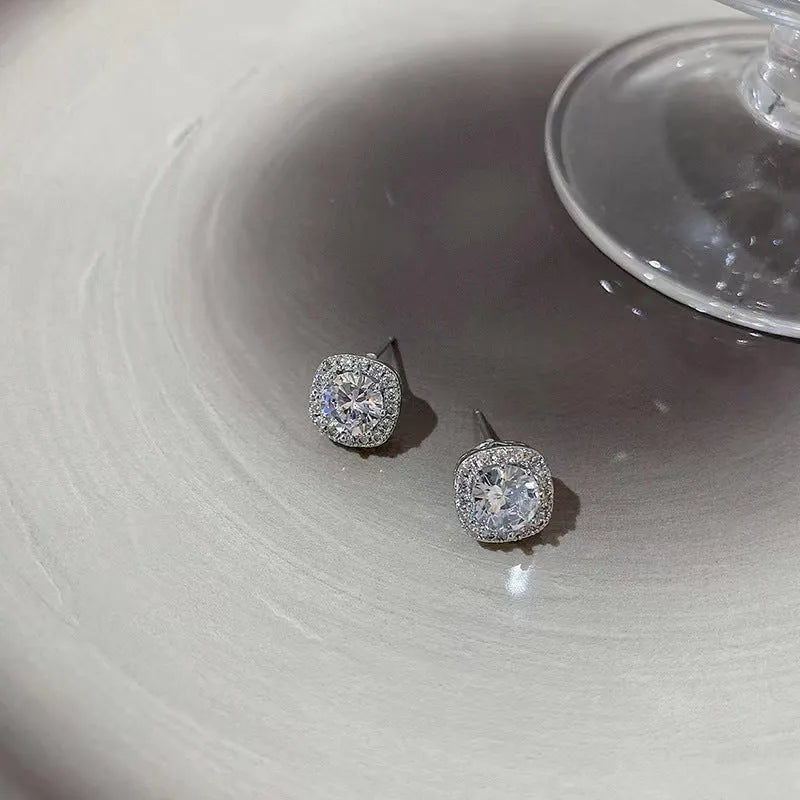 Square diamond geometric earrings for women in gold and silver alloy, showing simple cold style