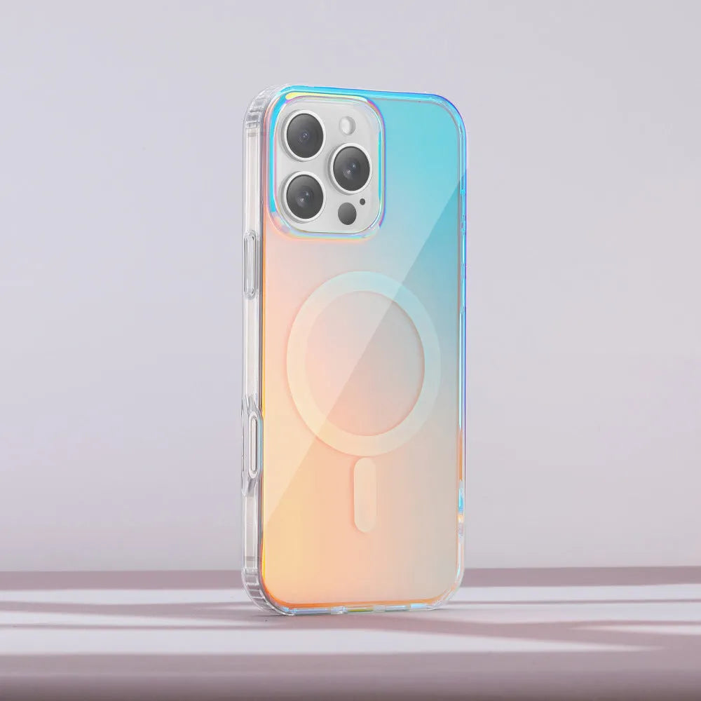 Glossy transparent magnetic iPhone case with colour-changing chameleon finish on a smartphone.